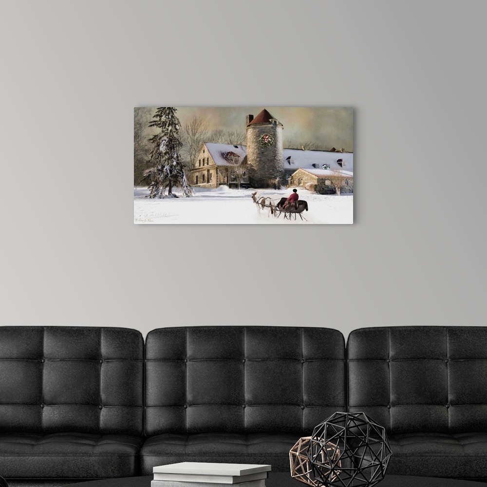 A modern room featuring Artwork of a horse pulling a sleigh towards a large farm house in the winter.