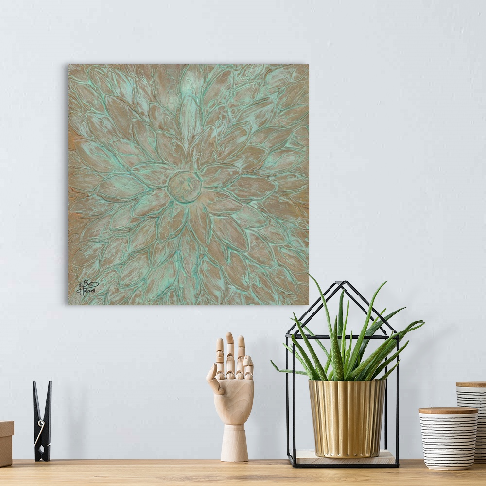 A bohemian room featuring Abstract art of a floral design with the appearance of a green patina.