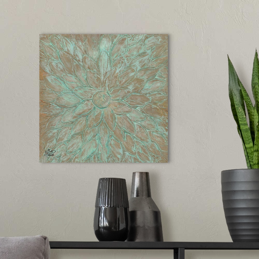 A modern room featuring Abstract art of a floral design with the appearance of a green patina.
