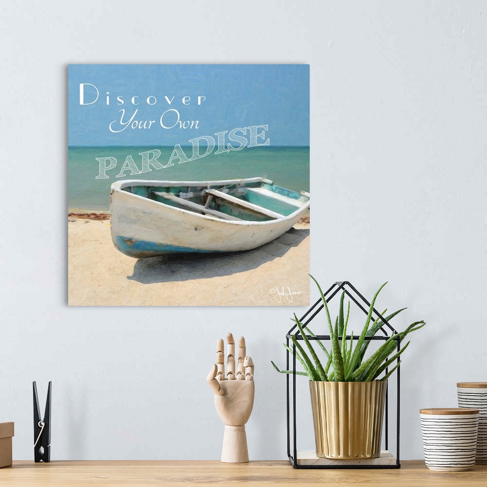 A bohemian room featuring Motivational text against a photograph of a row boat on a beach.
