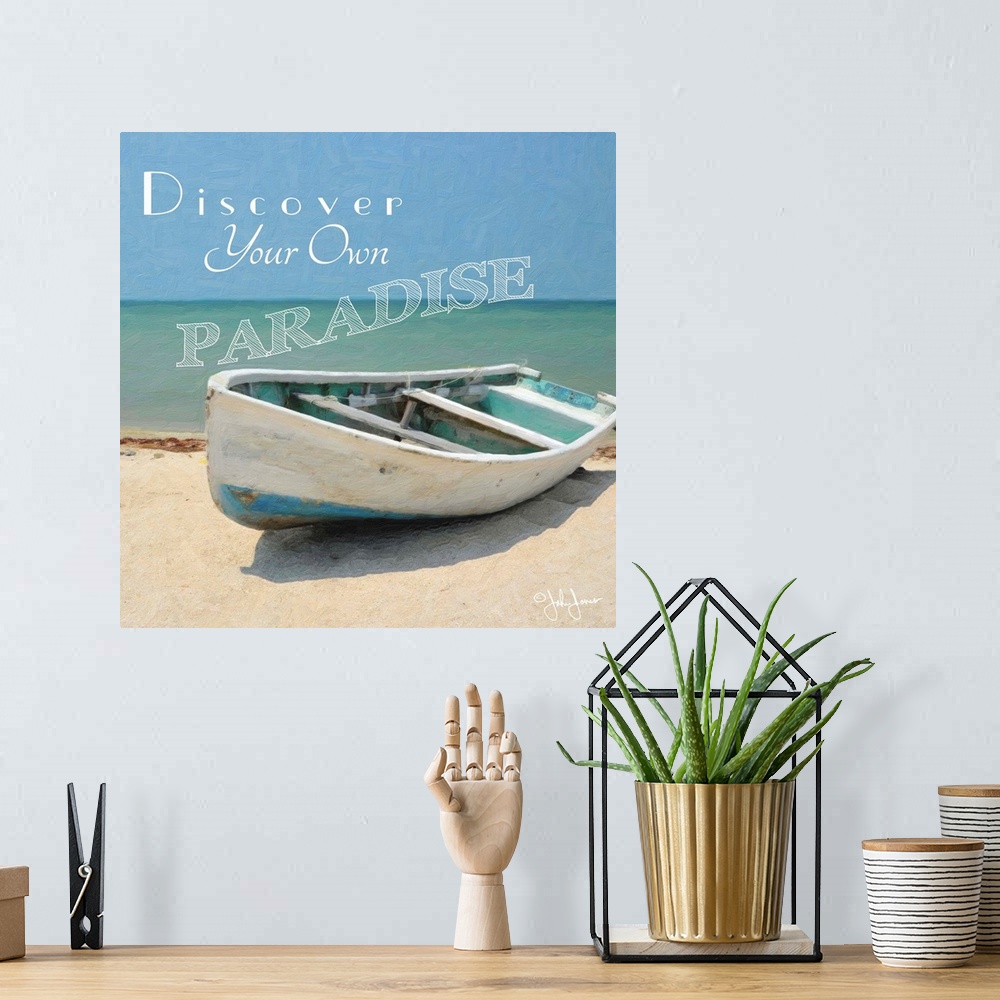 A bohemian room featuring Motivational text against a photograph of a row boat on a beach.