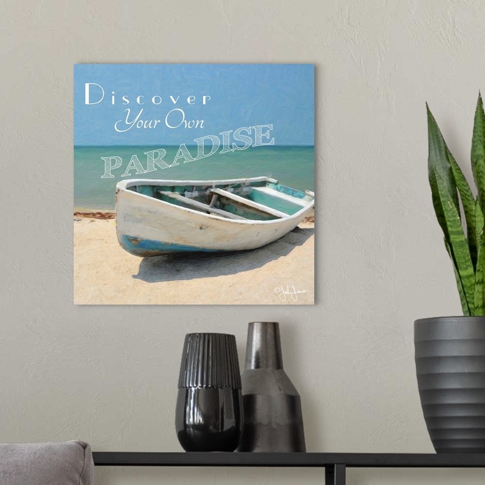 A modern room featuring Motivational text against a photograph of a row boat on a beach.