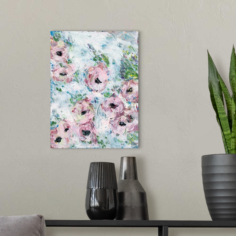 A modern room featuring An abstract contemporary painting of a pink flowers with an organic textured quality.