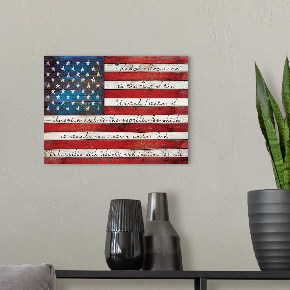 A modern room featuring Rustic distressed American flag with text in the white stripes painted on a wooden surface.