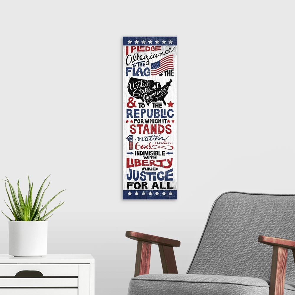 A modern room featuring Handlettered artwork of the Pledge of Allegiance in red, white, and blue, on a textured background.