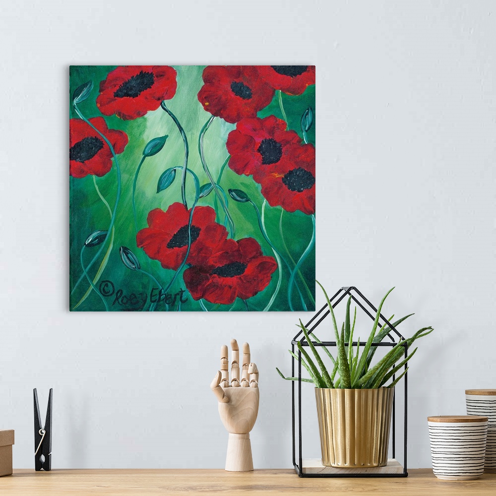 A bohemian room featuring Contemporary artwork of deep red poppies on a cool green background.