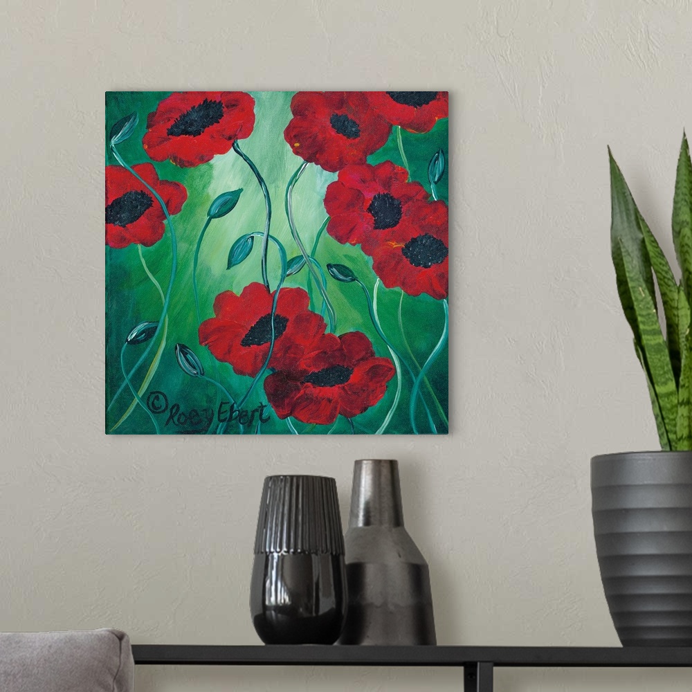 A modern room featuring Contemporary artwork of deep red poppies on a cool green background.