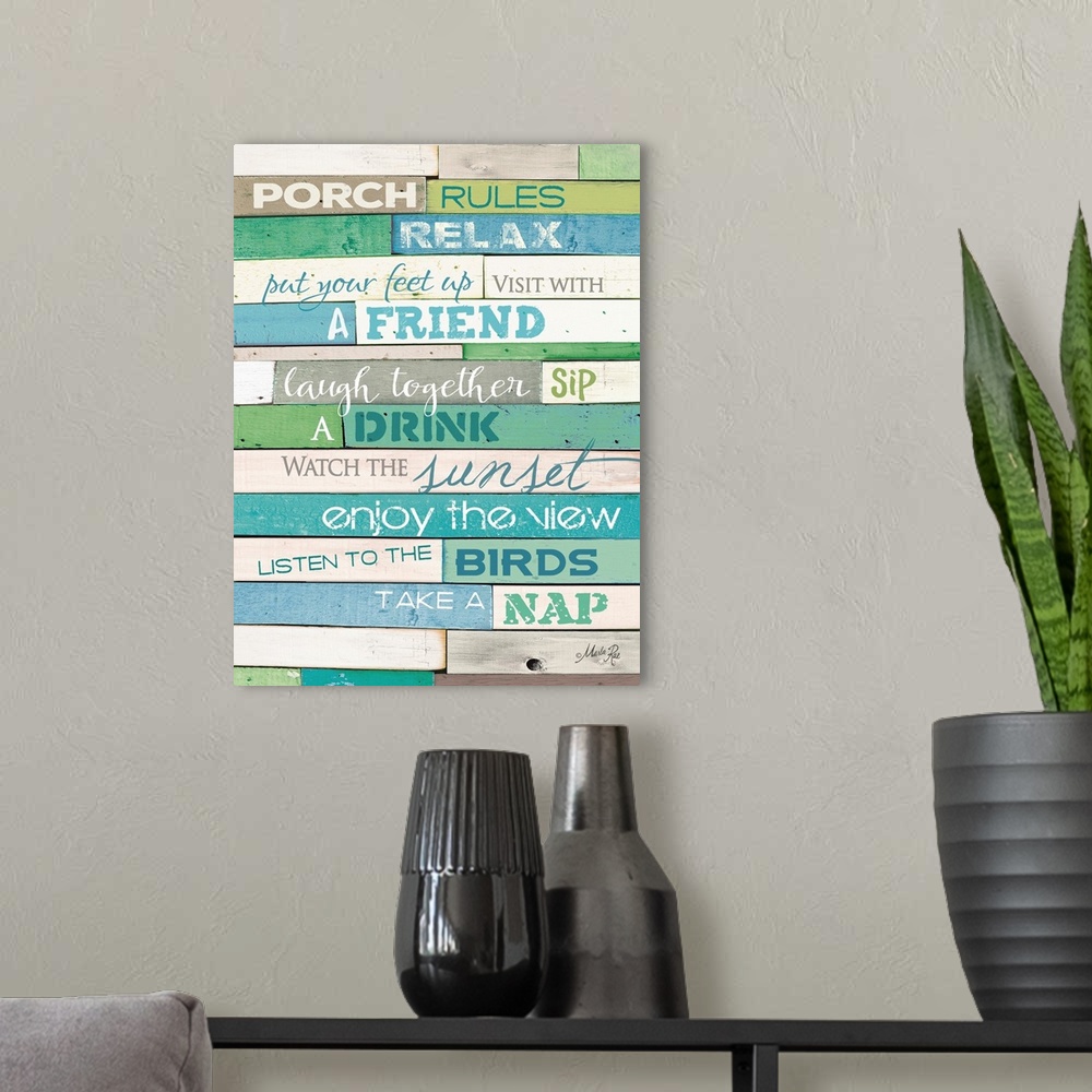 A modern room featuring Porch rules typography art against a rustic wooden surface.