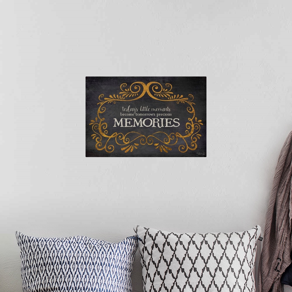 A bohemian room featuring Typography artwork about memories with vintage flourish designs.