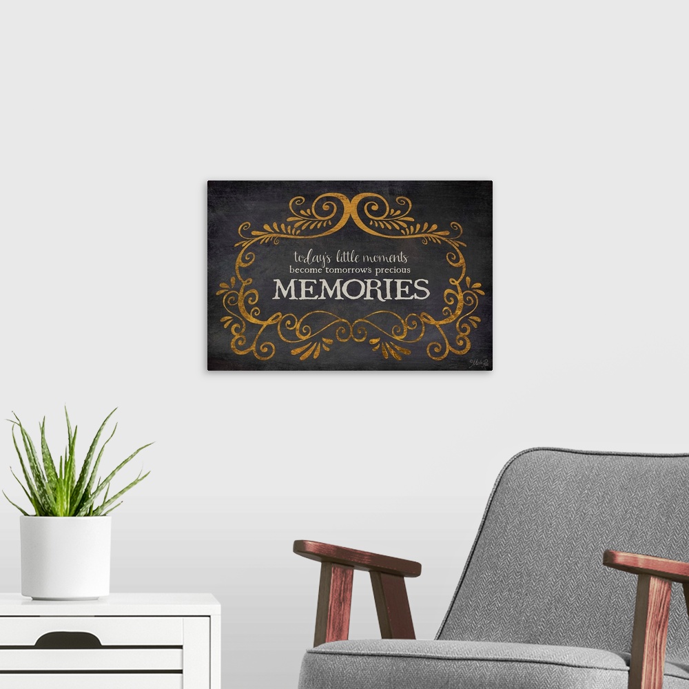 A modern room featuring Typography artwork about memories with vintage flourish designs.