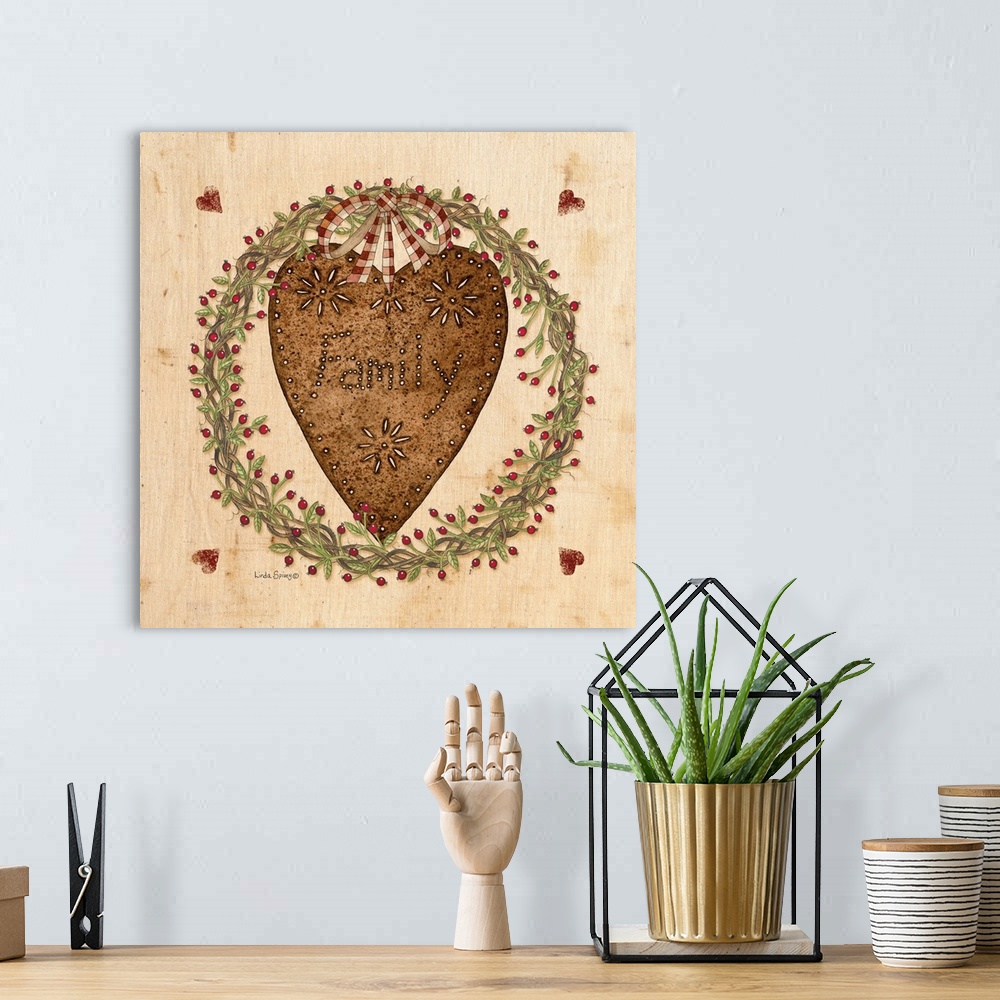A bohemian room featuring Folk artwork featuring a rusty tin heart with nature wreath surrounding it.