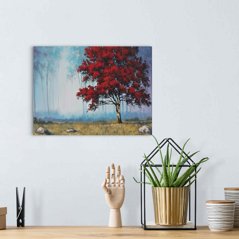 A bohemian room featuring Contemporary painting of a red tree with leafy branches in a forest.