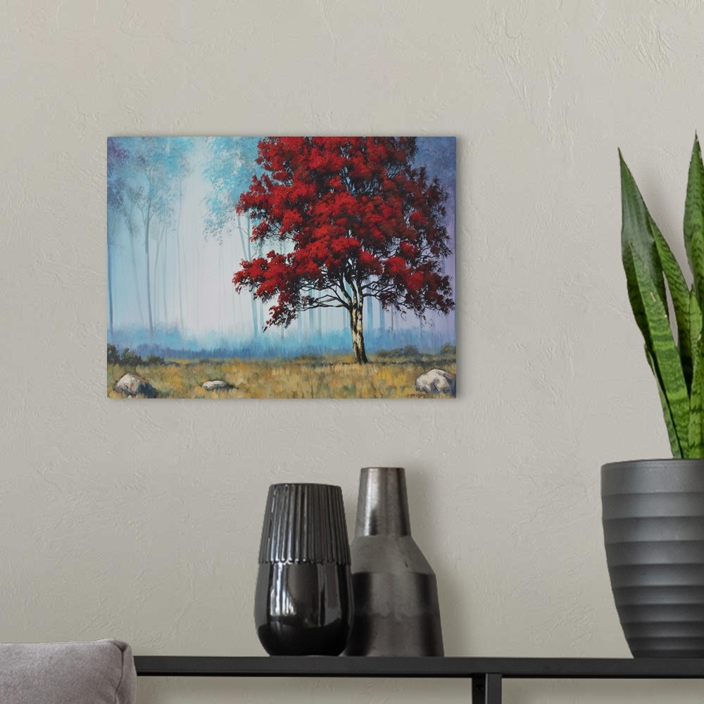 A modern room featuring Contemporary painting of a red tree with leafy branches in a forest.