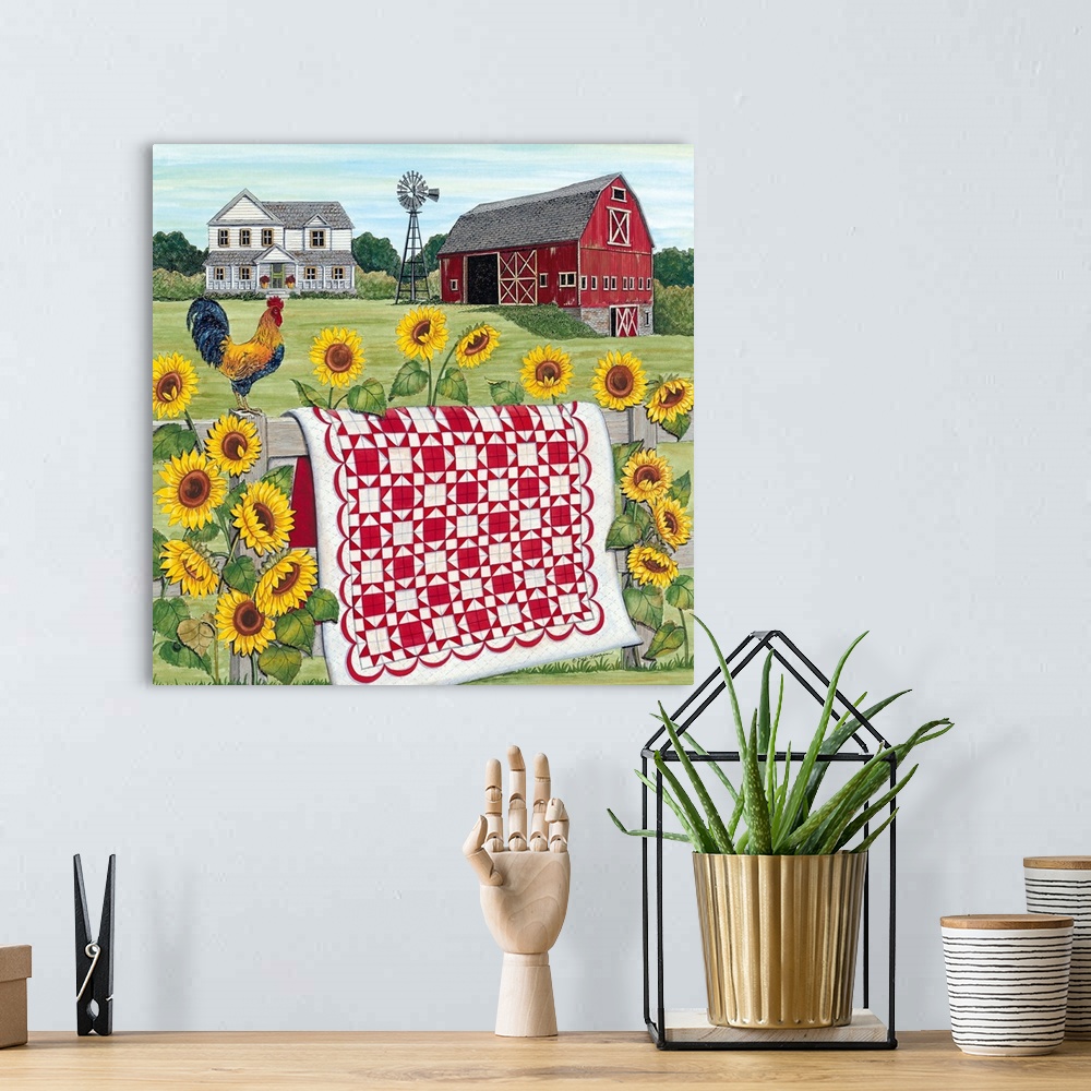 A bohemian room featuring Red & White Farm Quilt