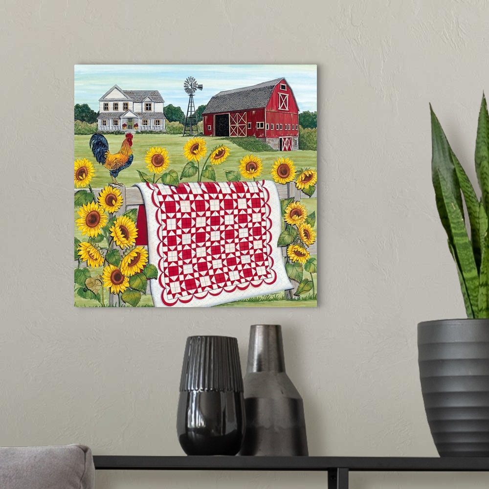 A modern room featuring Red & White Farm Quilt