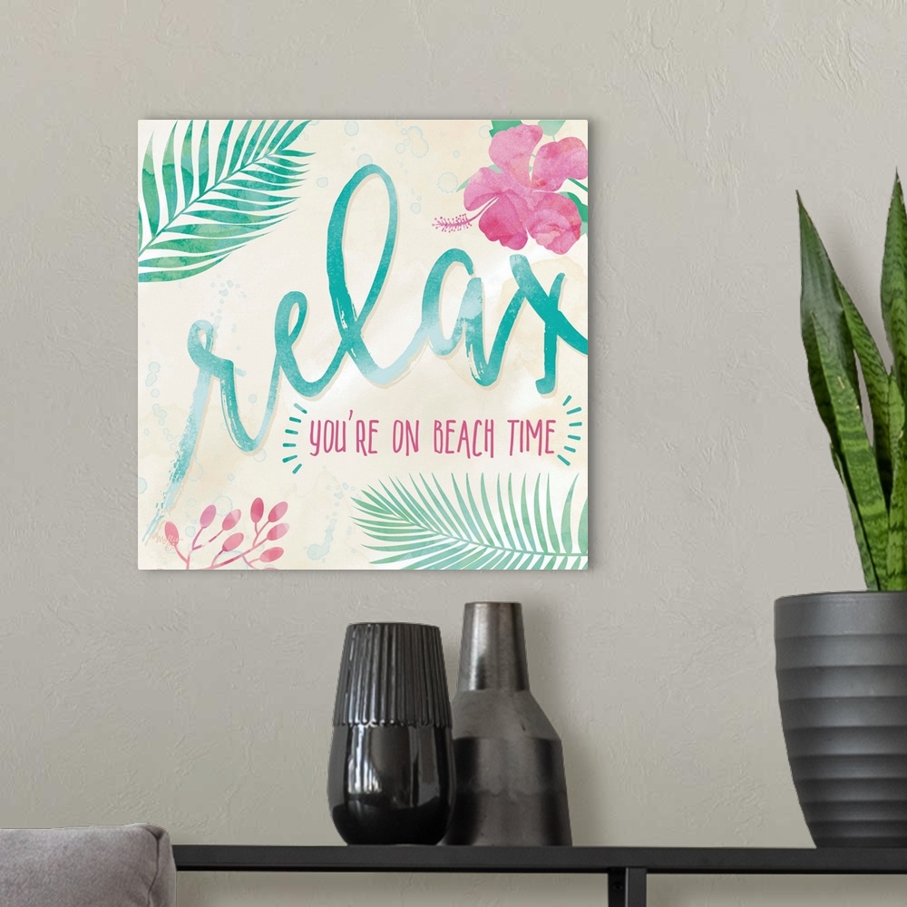 A modern room featuring Beach-themed artwork with "Relax" in large script with a motif of tropical leaves and flowers.