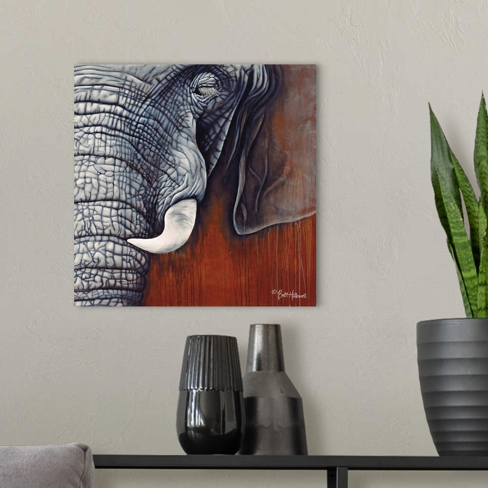 A modern room featuring Contemporary  close up of an elephants face, showing the rough textured surface.