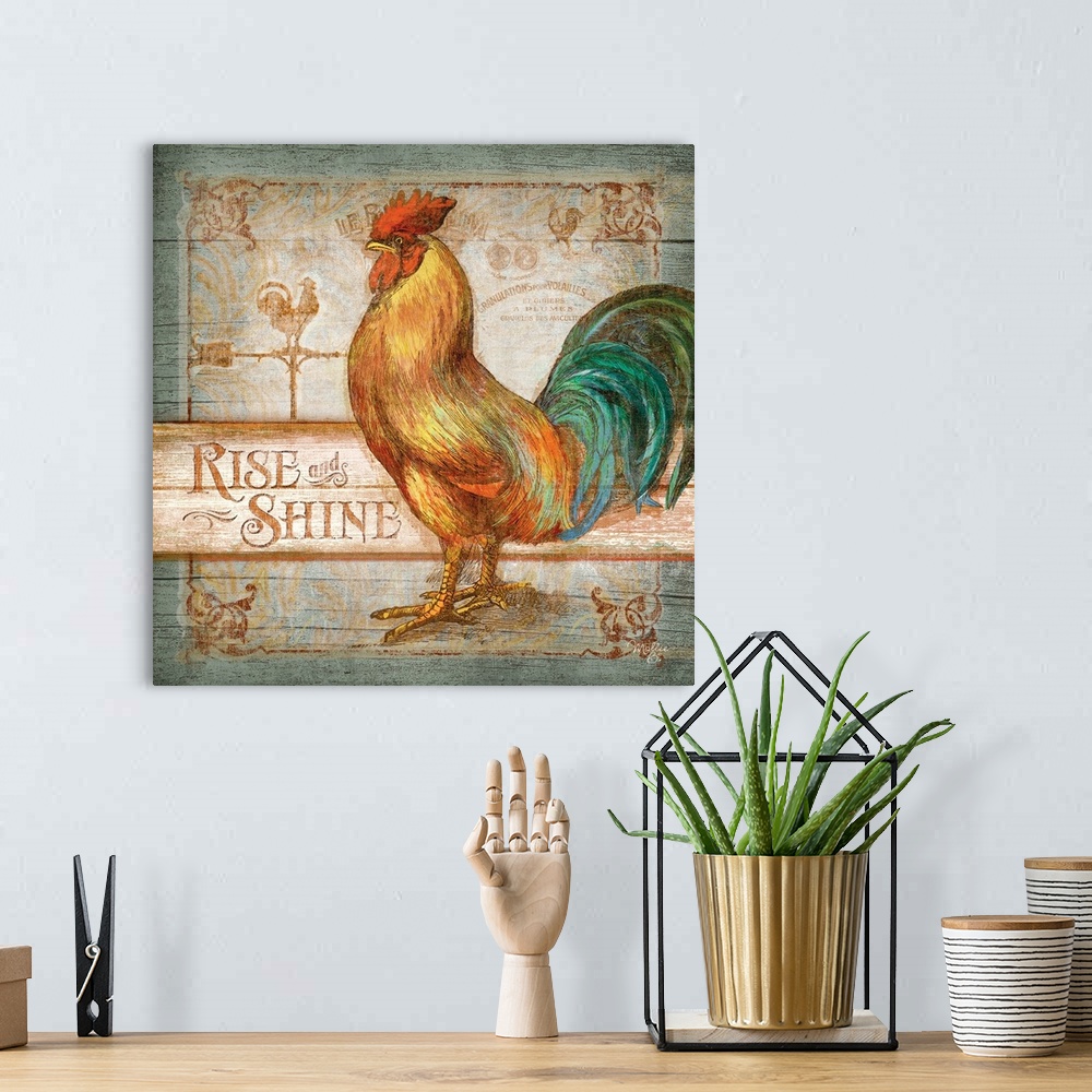 A bohemian room featuring Home decor artwork of brilliantly colored rooster against a distressed wooden background.