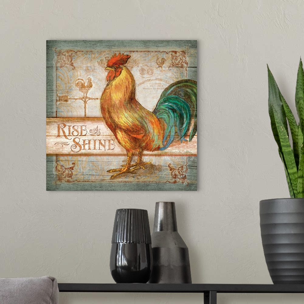 A modern room featuring Home decor artwork of brilliantly colored rooster against a distressed wooden background.