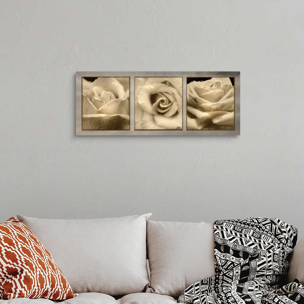 A bohemian room featuring This contemporary piece features three  close-up photos of a rose.