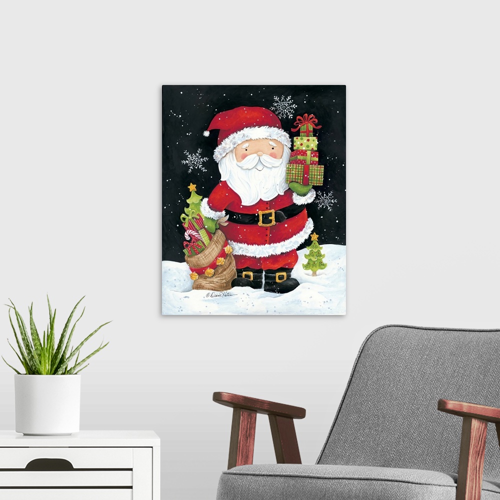 A modern room featuring Santa Claus with Presents