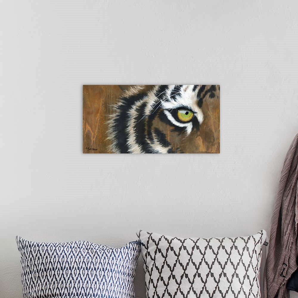 A bohemian room featuring A large horizontal close of image of the eye of a tiger with textured streaks of paint.