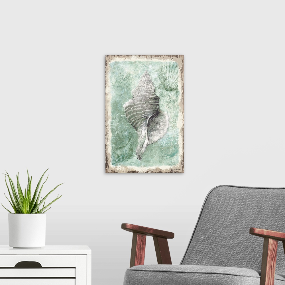 A modern room featuring Distressed seashell against a sea foam green background.