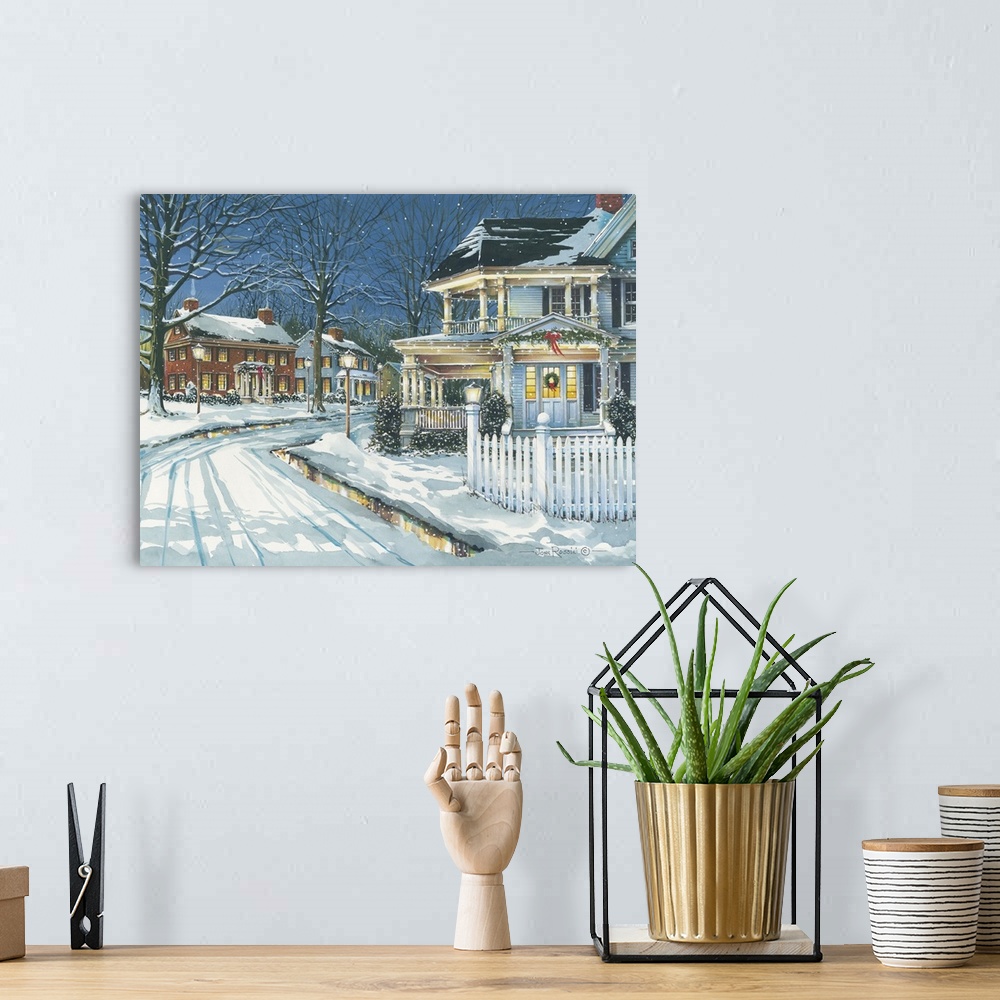 A bohemian room featuring Contemporary artwork of a neighborhood snowy landscape.