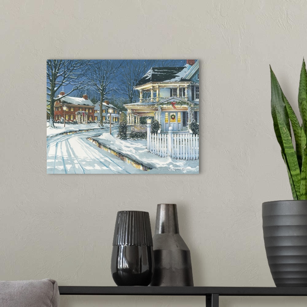 A modern room featuring Contemporary artwork of a neighborhood snowy landscape.