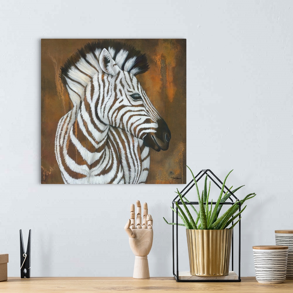 A bohemian room featuring Contemporary square painting of a zebra against a textured rust colored background.