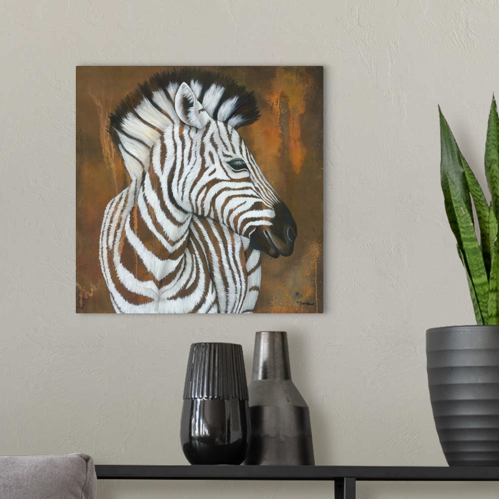 A modern room featuring Contemporary square painting of a zebra against a textured rust colored background.