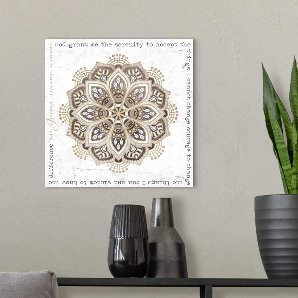 A modern room featuring Floral mandala design in muted earth tones, framed by a written prayer.