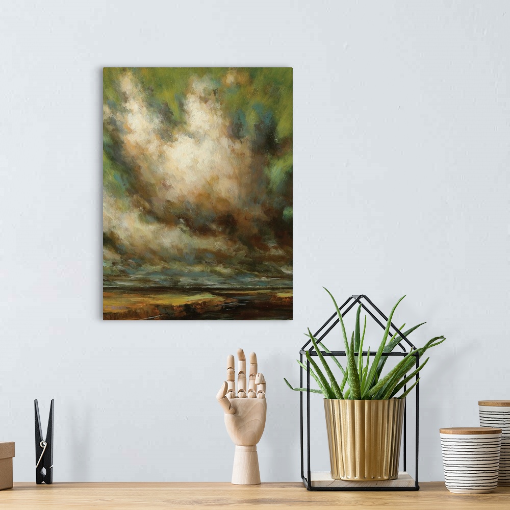 A bohemian room featuring Contemporary painting of dramatic dark storm clouds in the sky.