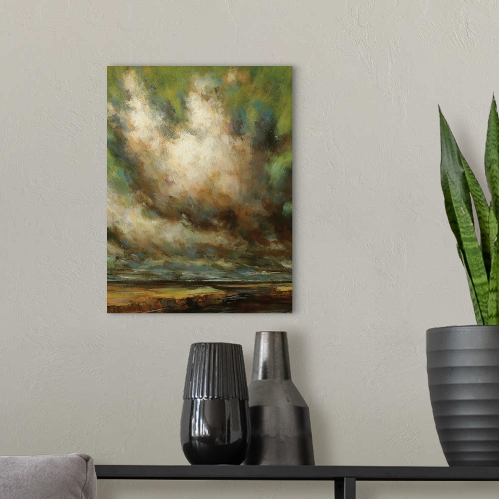 A modern room featuring Contemporary painting of dramatic dark storm clouds in the sky.