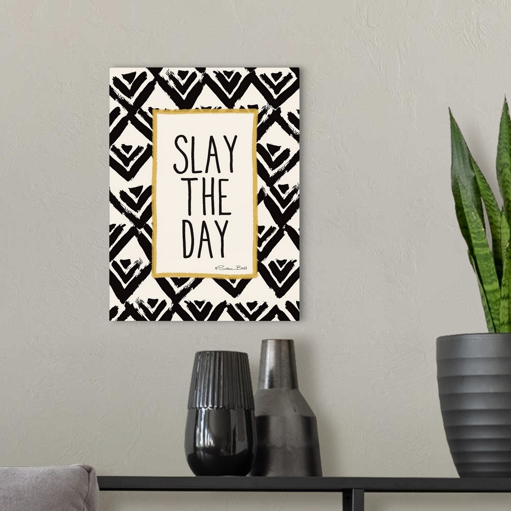 A modern room featuring Motivational sentiment with a black and white organic pattern and gold edge.