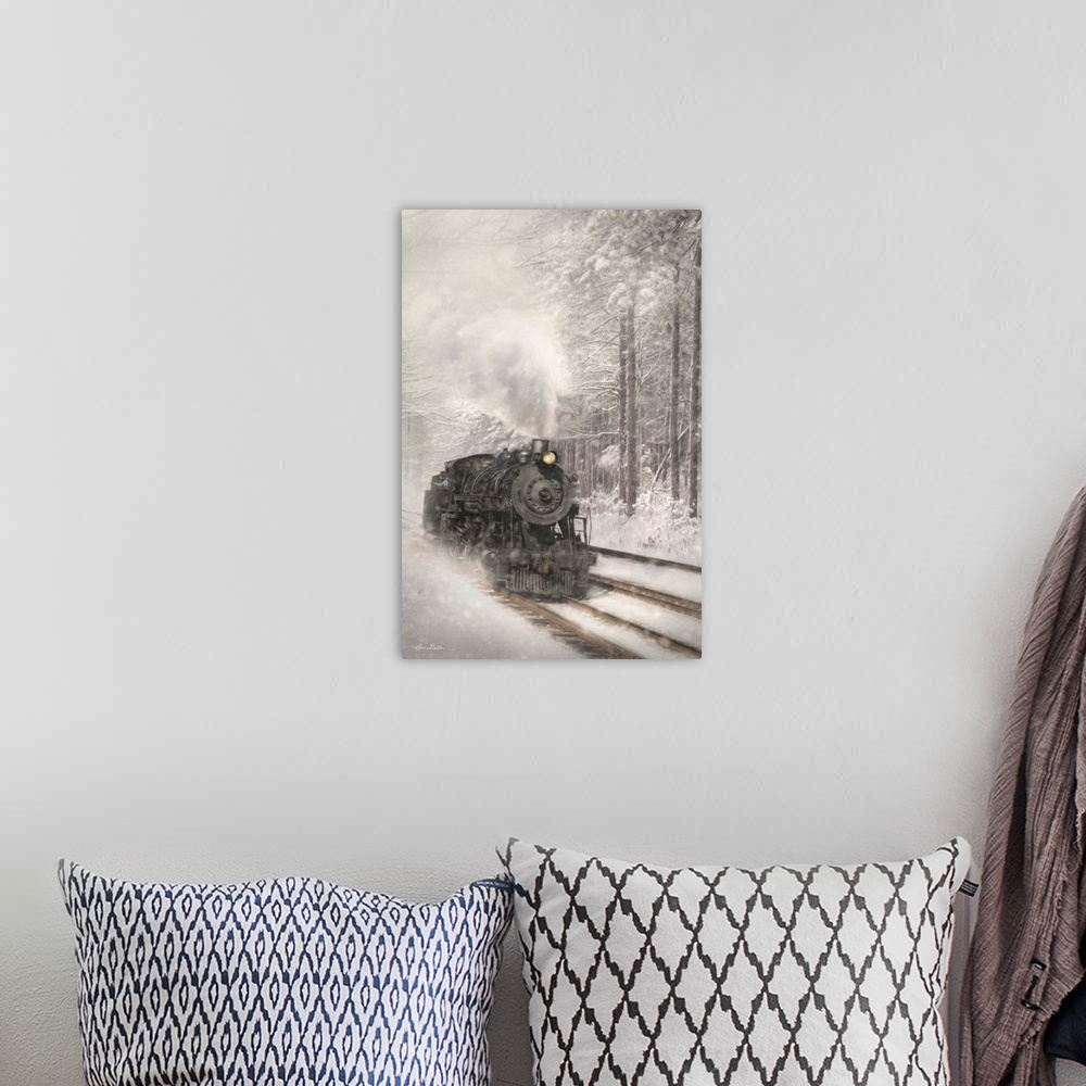 A bohemian room featuring Contemporary artwork of a steam engine driving through a forest during a snowstorm.