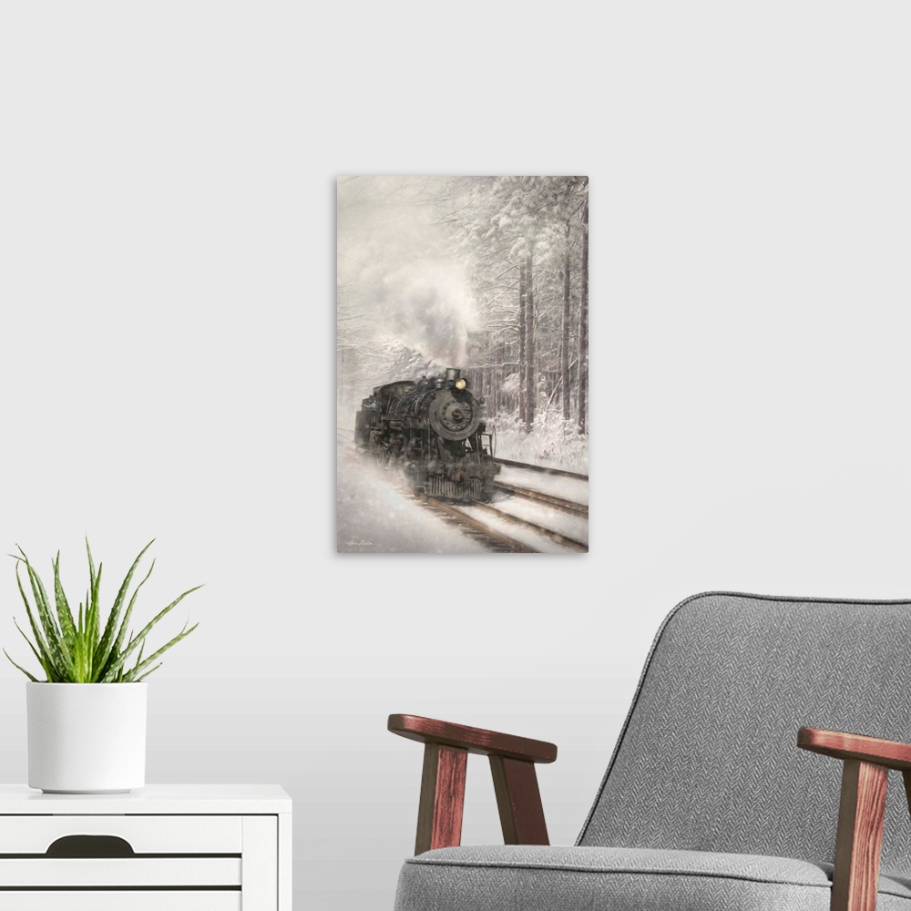 A modern room featuring Contemporary artwork of a steam engine driving through a forest during a snowstorm.