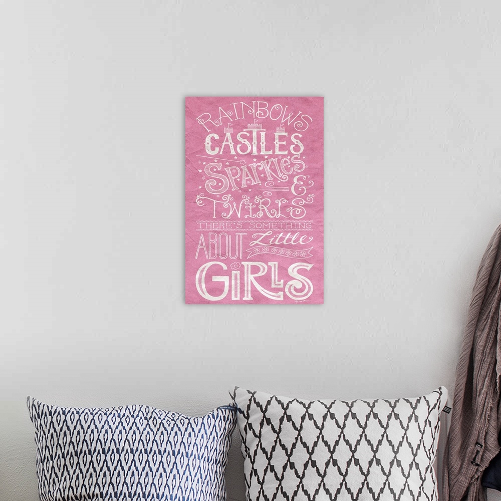 A bohemian room featuring Handlettered home decor art for a girl's room, with white lettering against a distressed pink bac...
