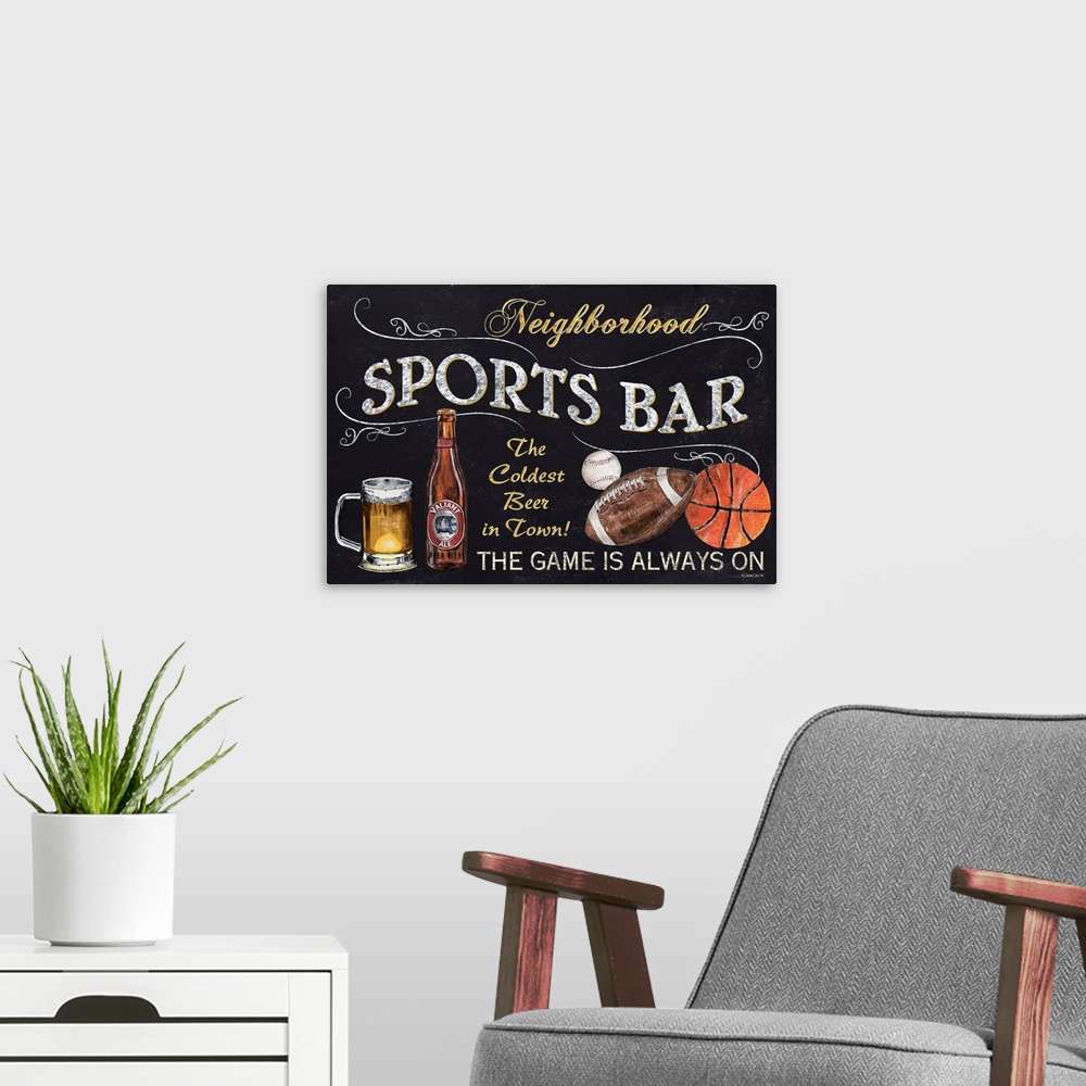 A modern room featuring A chalkboard style sign with beer, a football, and basketball.