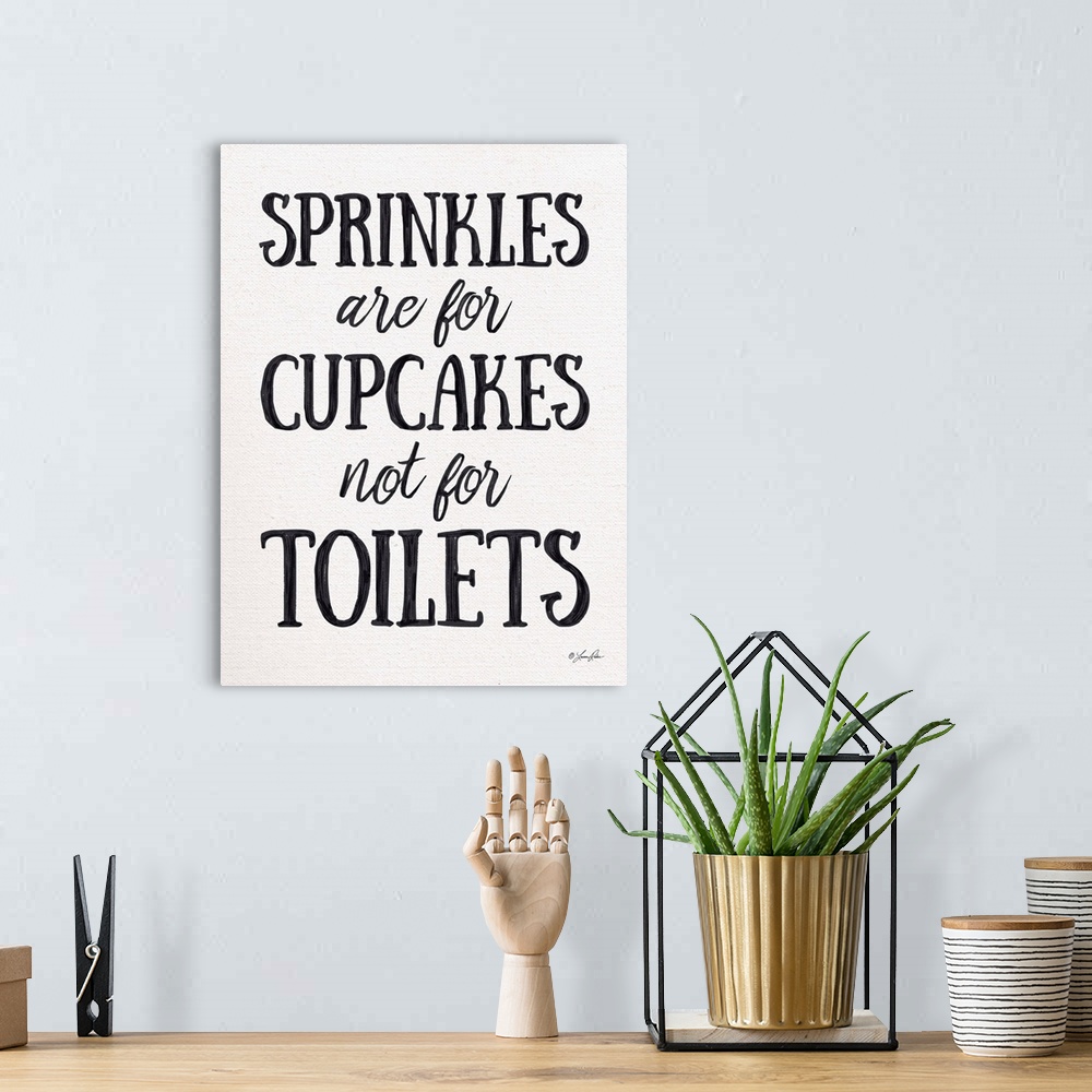 A bohemian room featuring Humorous decorative artwork featuring the phrase: Sprinkles are for cupcakes, not for toilets.