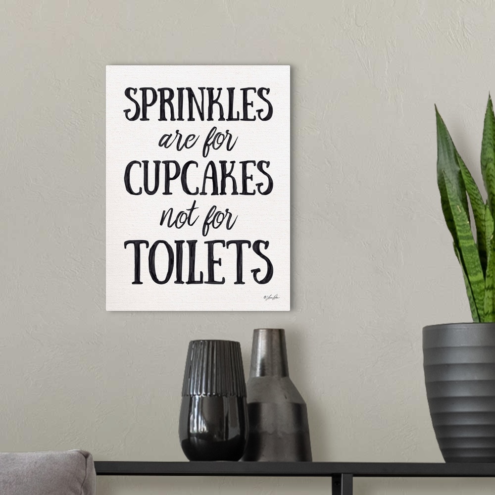 A modern room featuring Humorous decorative artwork featuring the phrase: Sprinkles are for cupcakes, not for toilets.