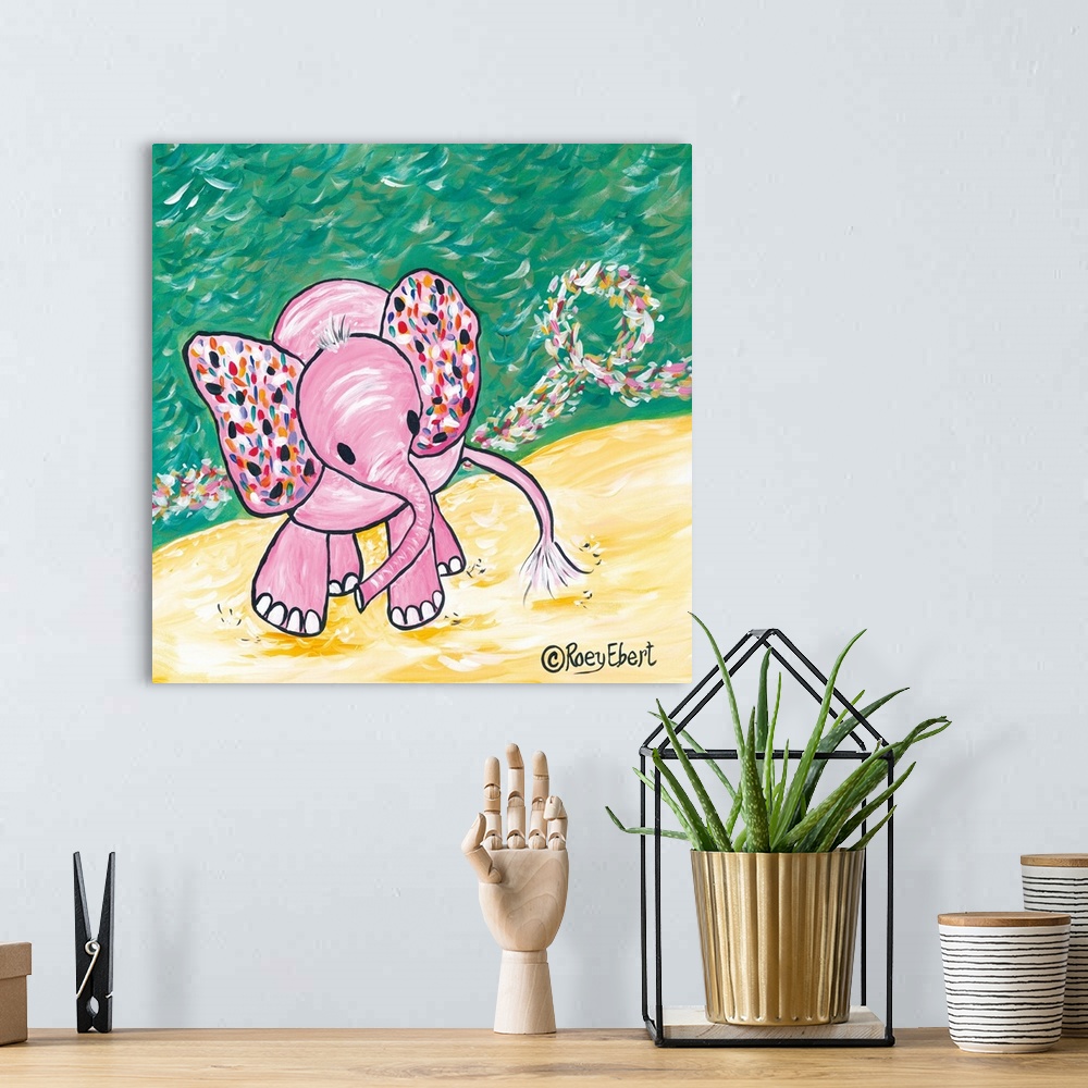 A bohemian room featuring Artwork of a pink elephant with ears covered in multicolored dots.
