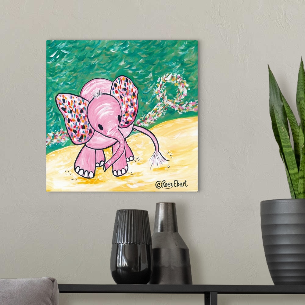 A modern room featuring Artwork of a pink elephant with ears covered in multicolored dots.