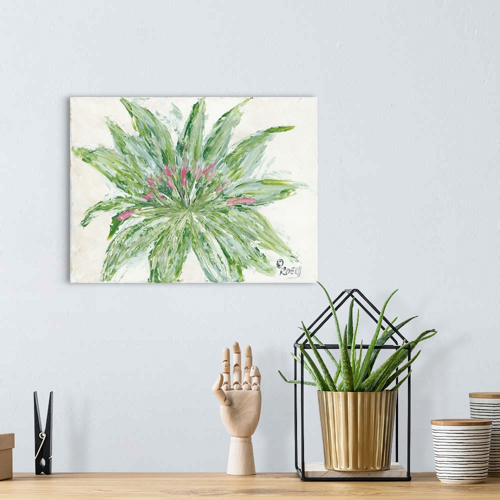 A bohemian room featuring An abstract painting of a blooming succulent with an organic quality.