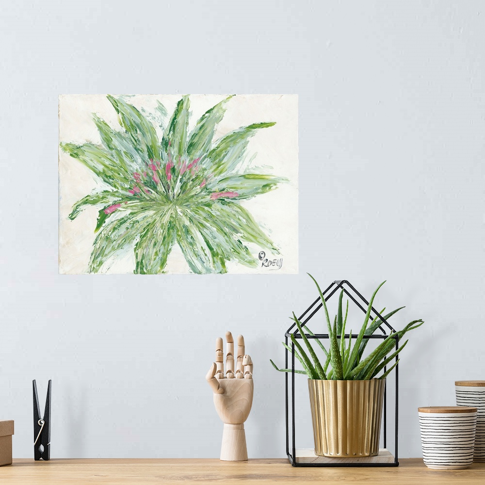 A bohemian room featuring An abstract painting of a blooming succulent with an organic quality.