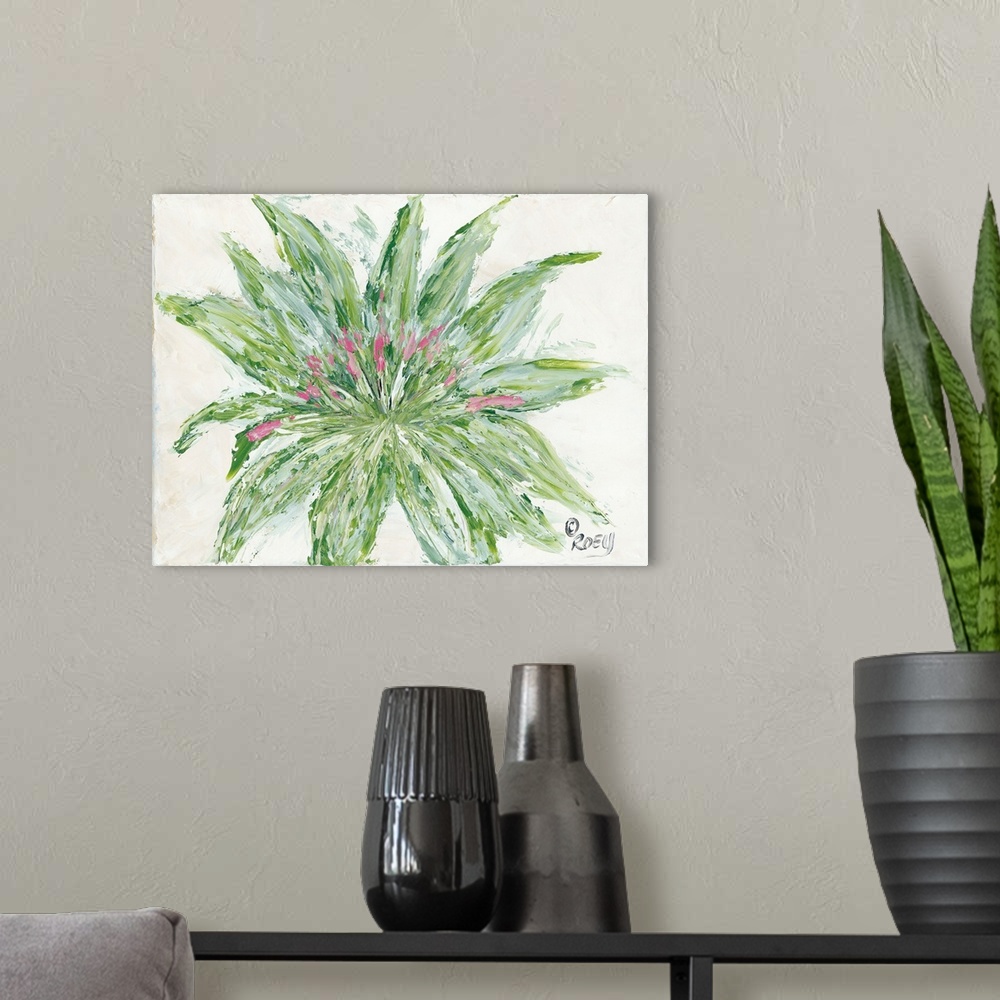 A modern room featuring An abstract painting of a blooming succulent with an organic quality.