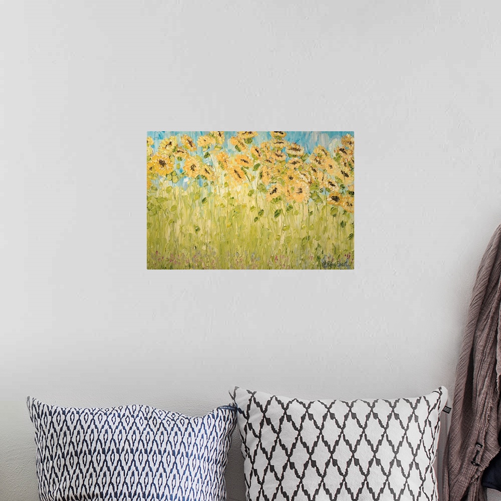 A bohemian room featuring An horizontal contemporary painting of a sunflower field with an organic textured quality.