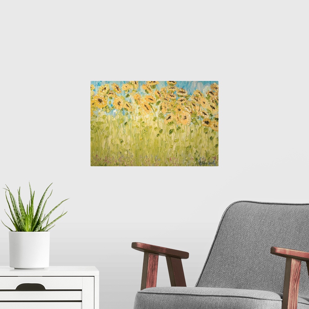 A modern room featuring An horizontal contemporary painting of a sunflower field with an organic textured quality.