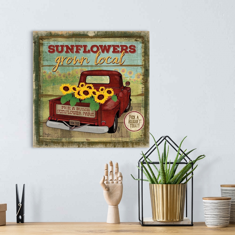 A bohemian room featuring Vintage style sign with a weathered wood effect for sunflowers.
