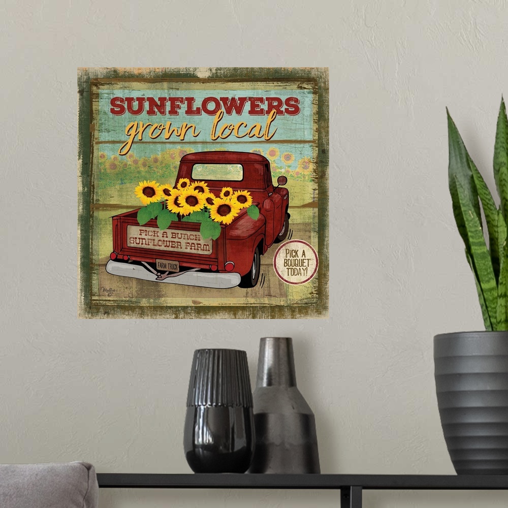 A modern room featuring Vintage style sign with a weathered wood effect for sunflowers.